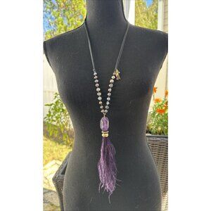 Chicos Purple Feather Tassel Gold Tone Blue Beaded Long Statement Necklace NEW